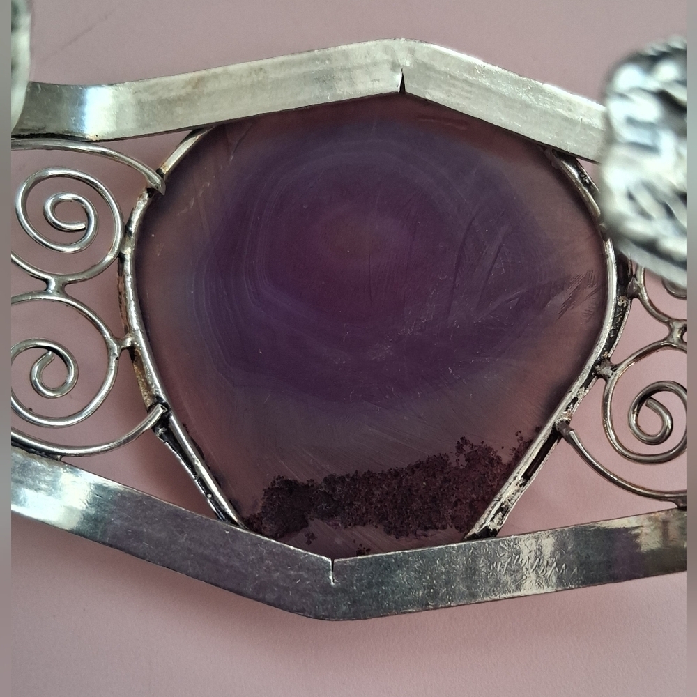 EUC HUGE Purple Solar Quartz & 925 Sterling Floral Filigree Boho Cuff Bracelet - Picture 6 of 8